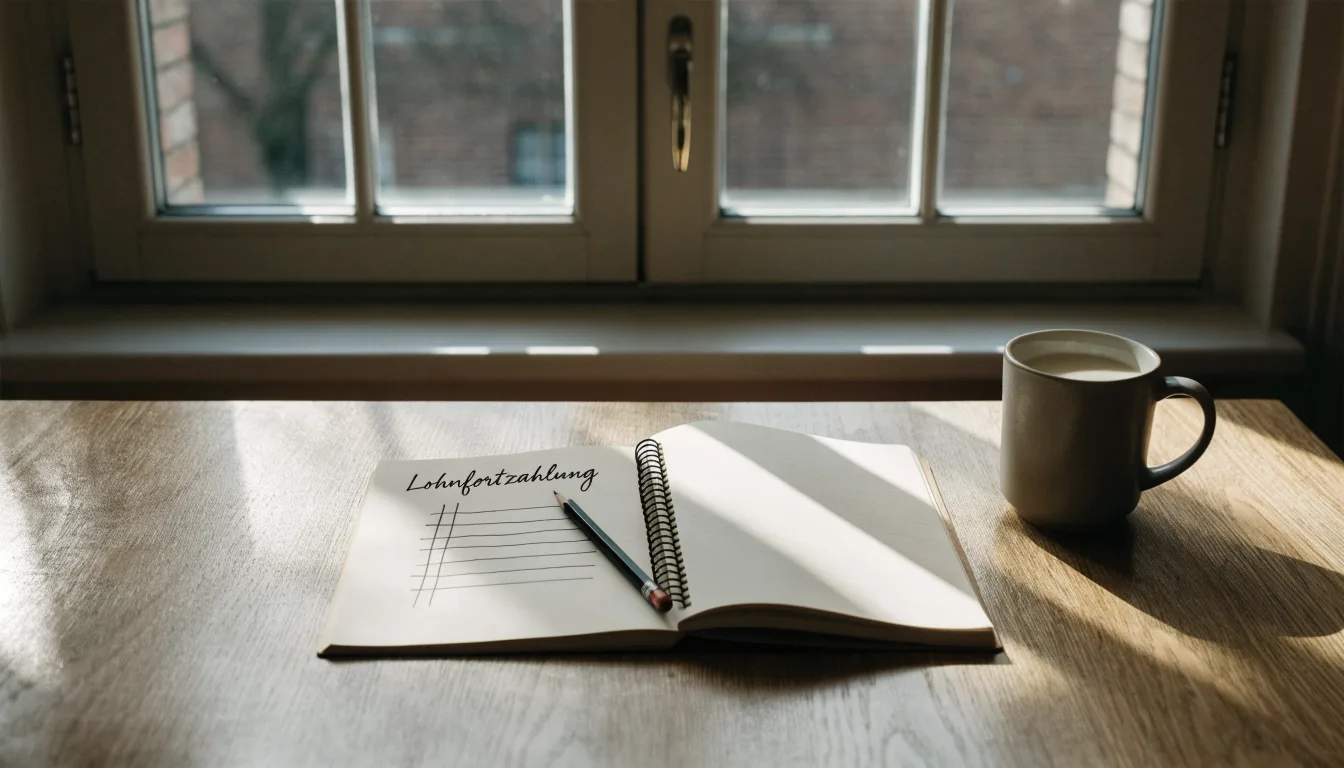 Ein Notizbuch mit handschriftlichen Notizen und ein Bleistift liegen auf einem Schreibtisch am Fenster, draußen fällt Morgenlicht herein.