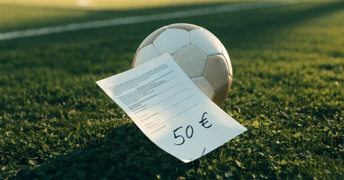 Ein verschlossener leerer Briefumschlag liegt neben einem Fußball auf grünem Rasen im warmen Licht des Nachmittags.