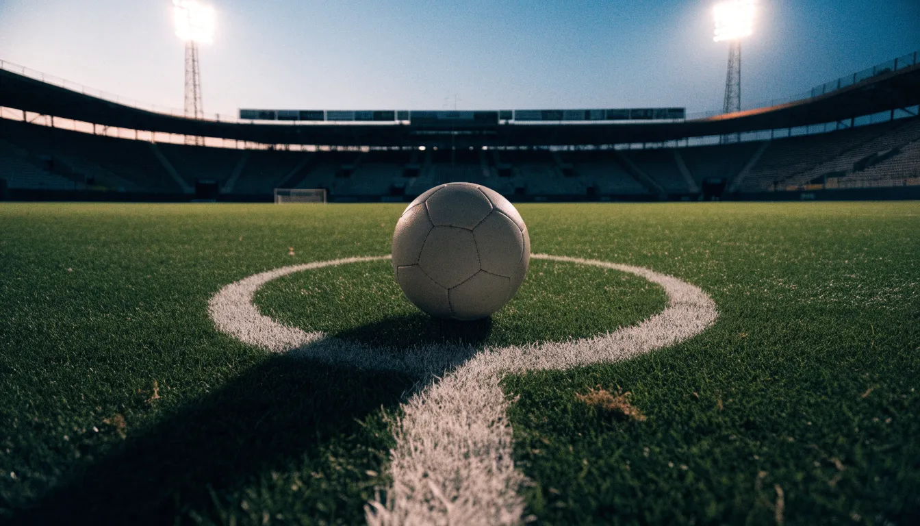 Ein Fußball liegt auf dem Anstoßpunkt eines leeren Rasenplatzes, im Hintergrund steht ein Stadion unter Flutlicht in der Dämmerung.