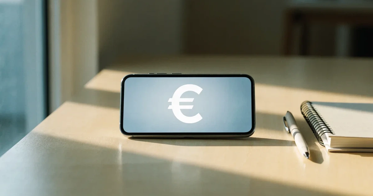 Ein Smartphone liegt neben einem Notizbuch und einem Kugelschreiber auf einem hellen Schreibtisch, das Display ist ausgeschaltet.