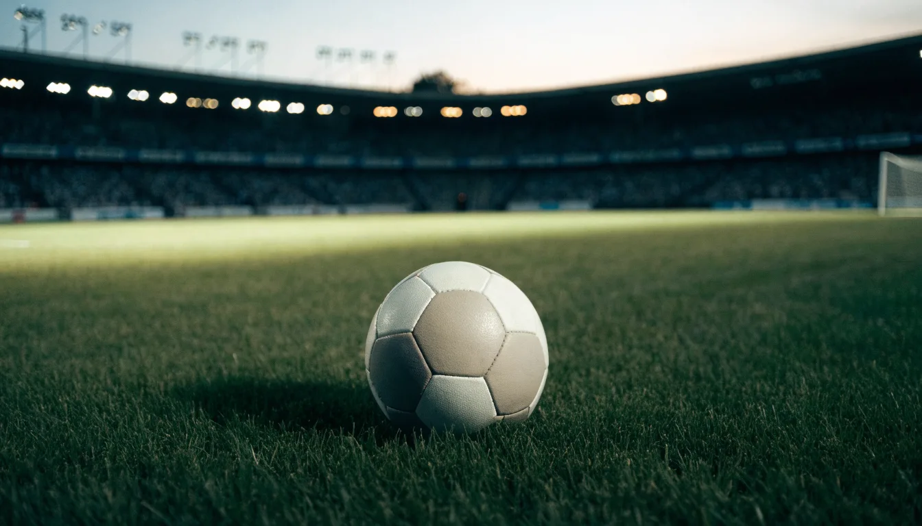 Ein Fußball liegt auf dem Rasen eines leeren Platzes, im Hintergrund ein Stadion unter Flutlicht in der Abenddämmerung.
