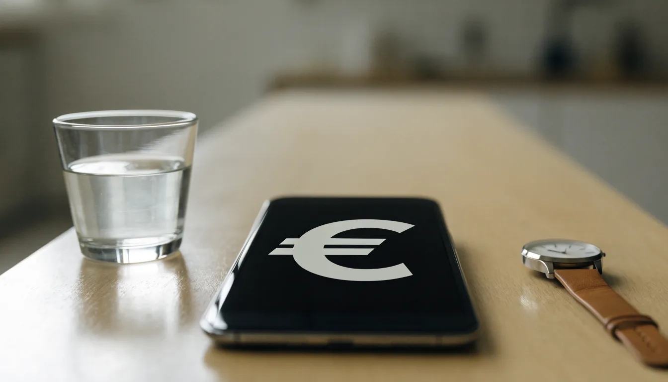 Ein Smartphone liegt mit dem Display nach unten auf einem Küchentisch, daneben stehen ein Glas Wasser und eine Armbanduhr.
