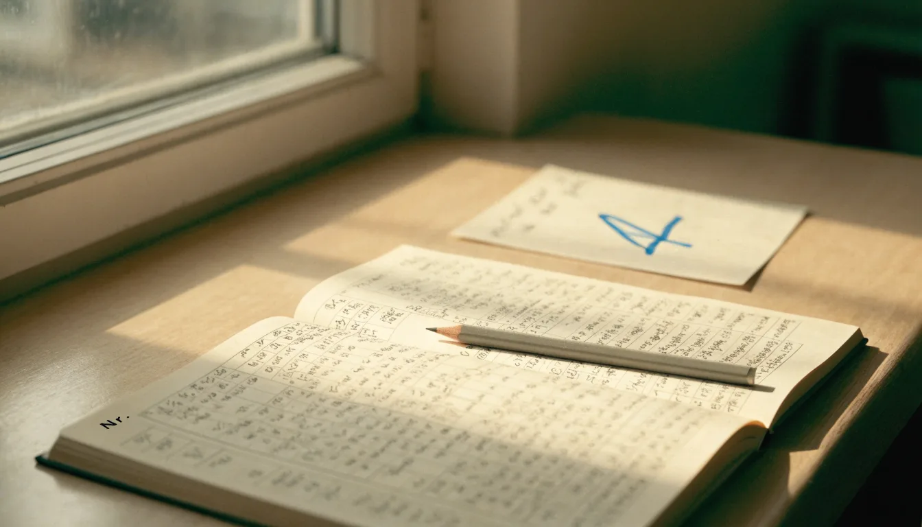 Ein Notizbuch mit handschriftlichen Notizen und ein Bleistift liegen auf einem Schreibtisch am Fenster, draußen fällt Morgenlicht herein.