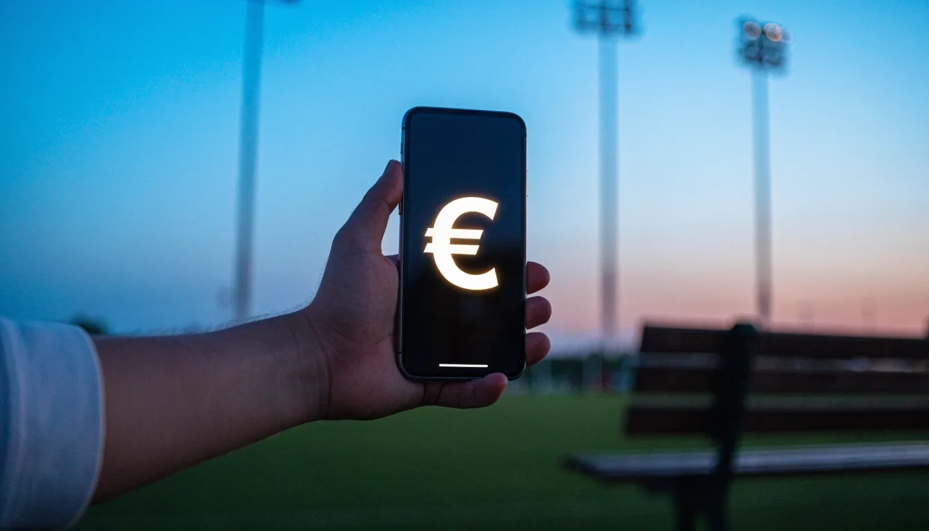 Eine leere Parkbank am Rand eines Fußballfelds in der Abenddämmerung, im Hintergrund ragen dunkle Flutlichtmasten in den Himmel.