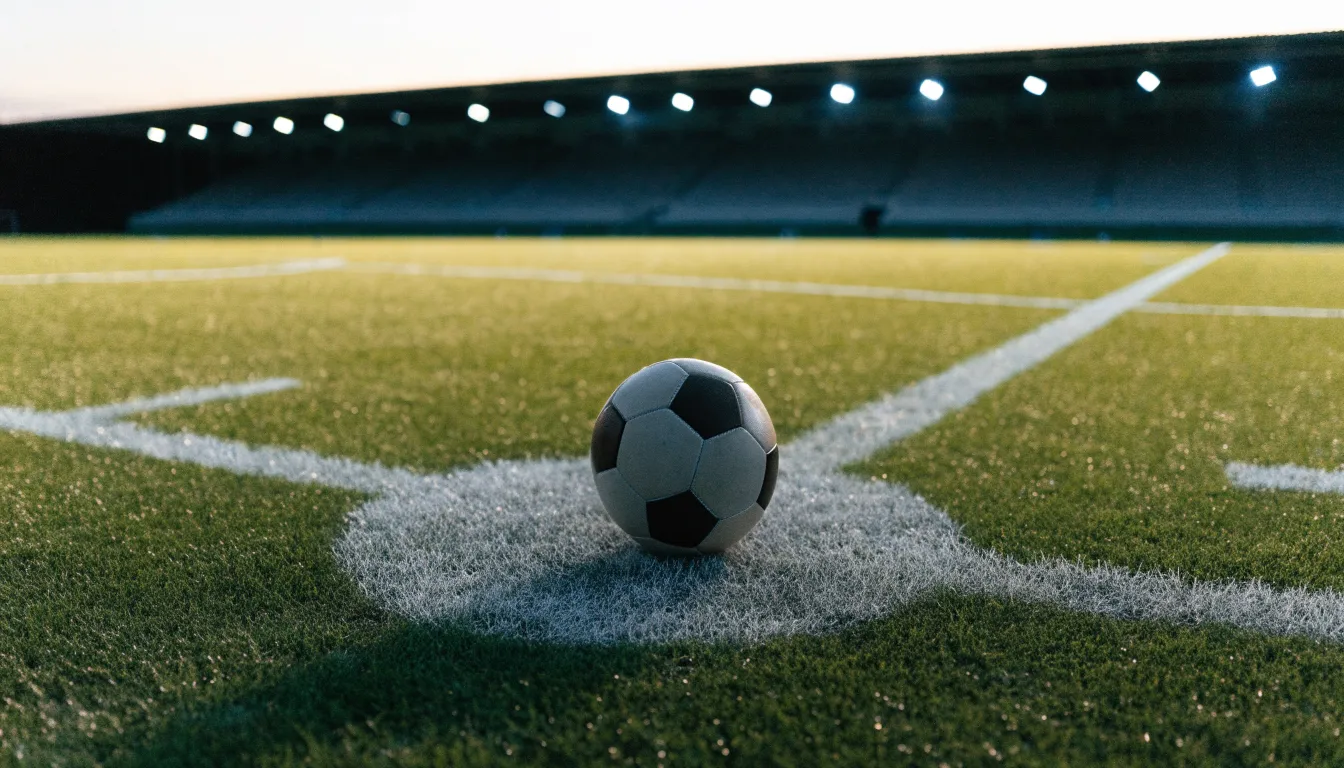 Ein Fußball liegt auf dem Anstoßpunkt eines leeren Rasenplatzes, im Hintergrund steht ein Stadion unter Flutlicht in der Dämmerung.