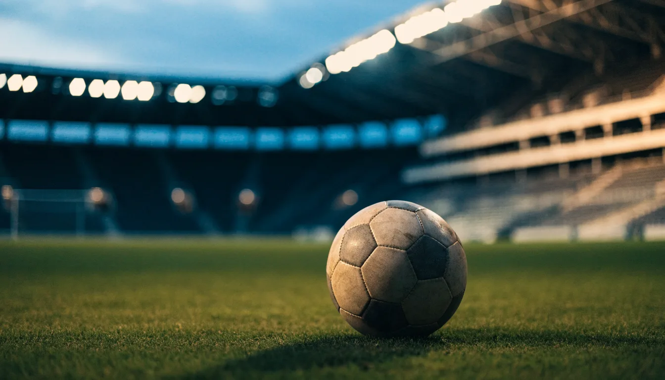 Ein Fußball liegt auf dem Rasen eines leeren Platzes, im Hintergrund ein Stadion unter Flutlicht in der Abenddämmerung.