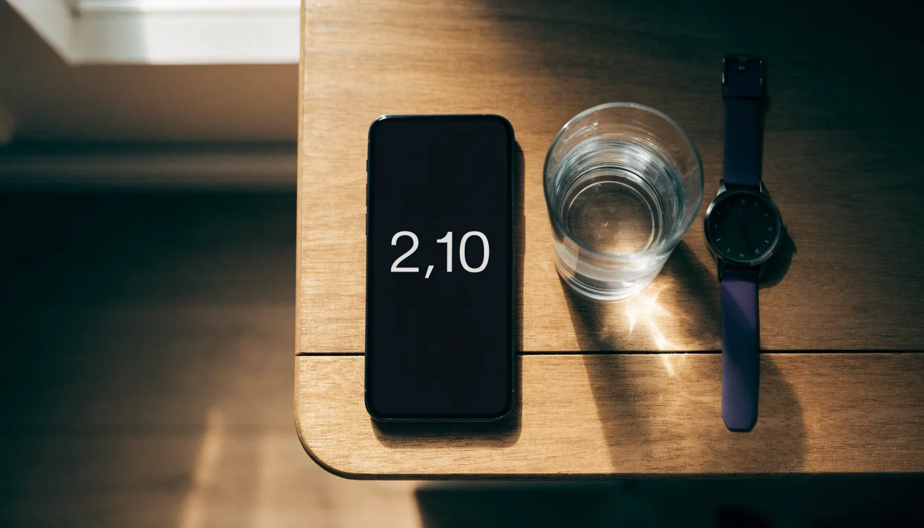 Ein Smartphone liegt mit dem Display nach unten auf einem Küchentisch, daneben stehen ein Glas Wasser und eine Armbanduhr.