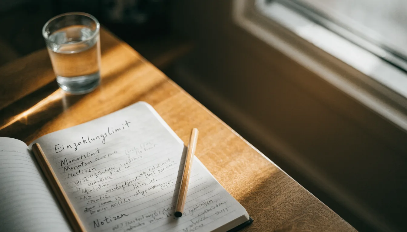 Ein Notizbuch mit handschriftlichen Notizen und ein Bleistift liegen auf einem Schreibtisch am Fenster, draußen fällt Morgenlicht herein.