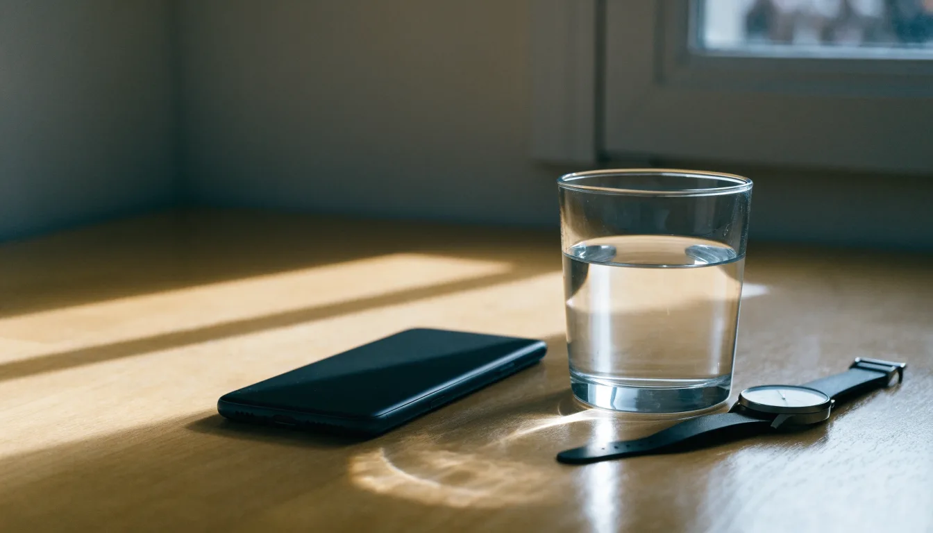 Ein Smartphone liegt mit dem Display nach unten auf einem Küchentisch, daneben stehen ein Glas Wasser und eine Armbanduhr.