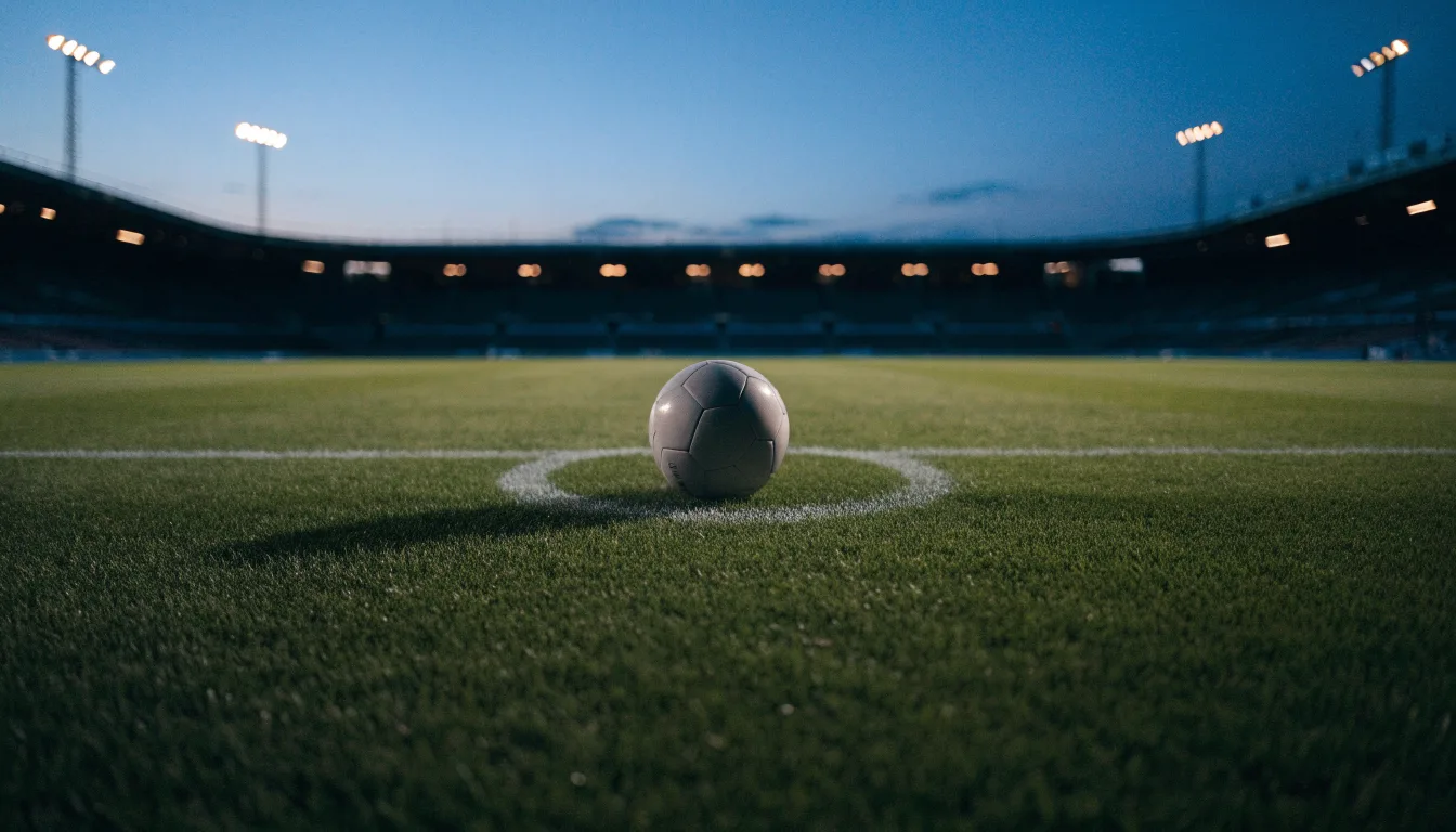 Ein Fußball liegt auf dem Anstoßpunkt eines leeren Rasenplatzes, im Hintergrund steht ein Stadion unter Flutlicht in der Dämmerung.
