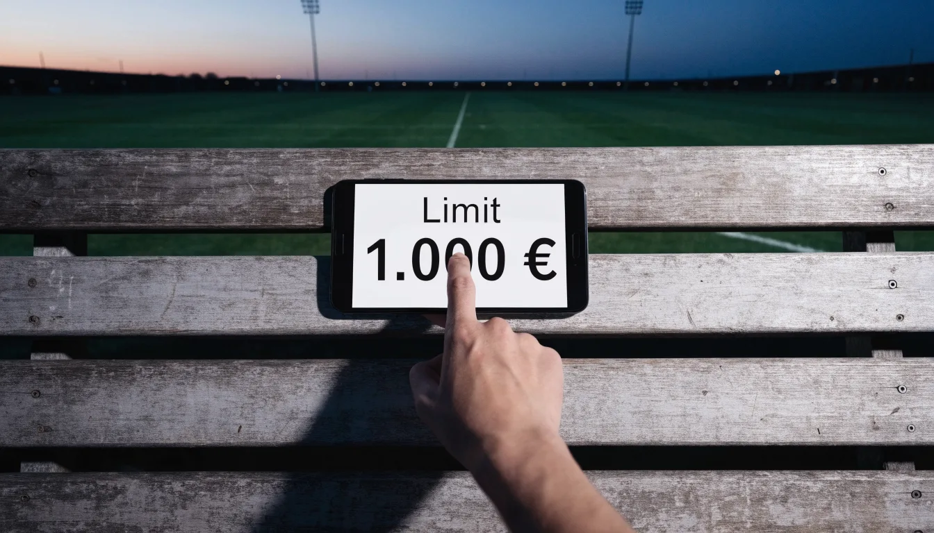 Eine leere Parkbank am Rand eines Fußballfelds in der Abenddämmerung, im Hintergrund ragen dunkle Flutlichtmasten in den Himmel.