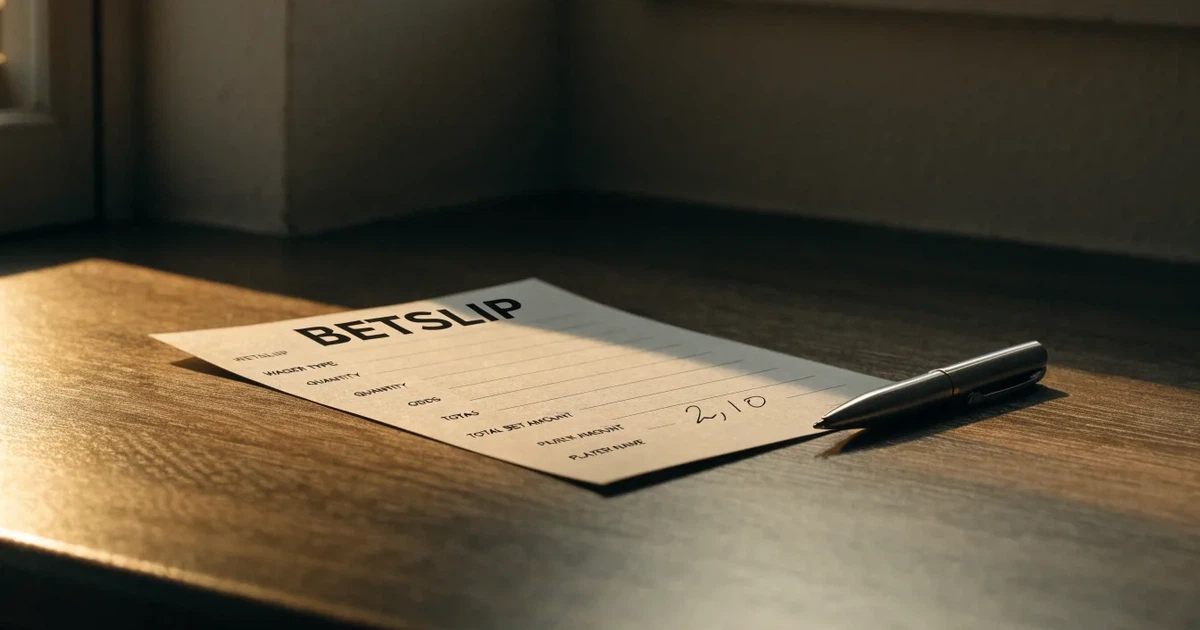 Ein leerer Wettschein aus Papier liegt neben einem Stift auf einer hölzernen Theke, weiches Licht fällt von der Seite ein.