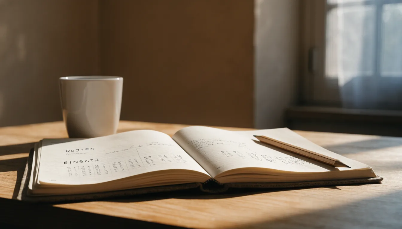 Ein Notizbuch mit handschriftlichen Notizen und ein Bleistift liegen auf einem Schreibtisch am Fenster, draußen fällt Morgenlicht herein.