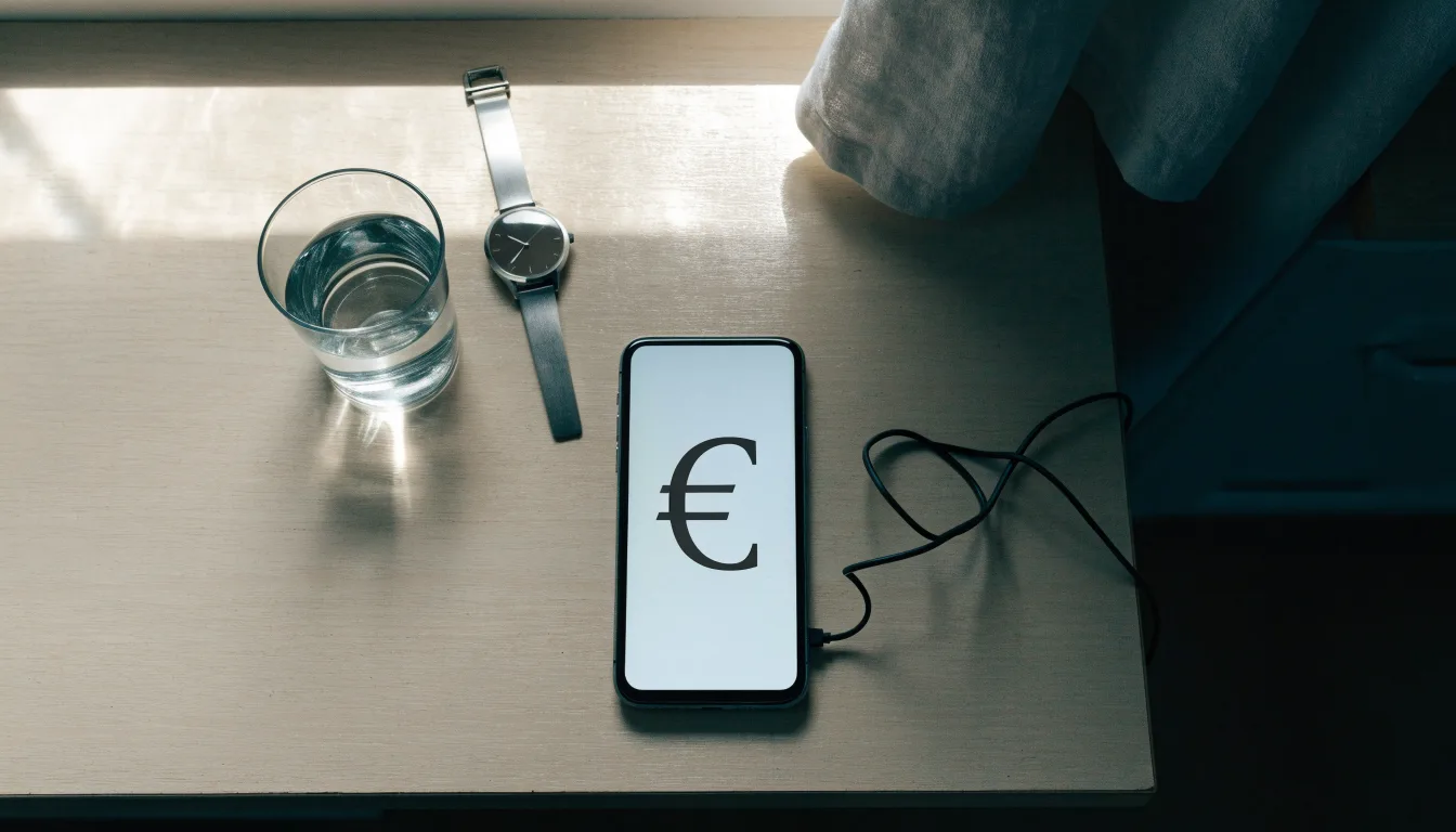 Ein Smartphone liegt mit dem Display nach unten auf einem Küchentisch, daneben stehen ein Glas Wasser und eine Armbanduhr.