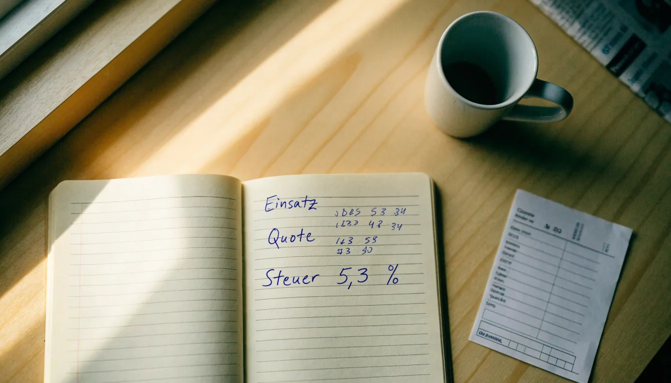 Ein Notizbuch mit handschriftlichen Rechnungen und ein Taschenrechner liegen auf einem Schreibtisch neben einer Tasse Kaffee im Licht des frühen Morgens.