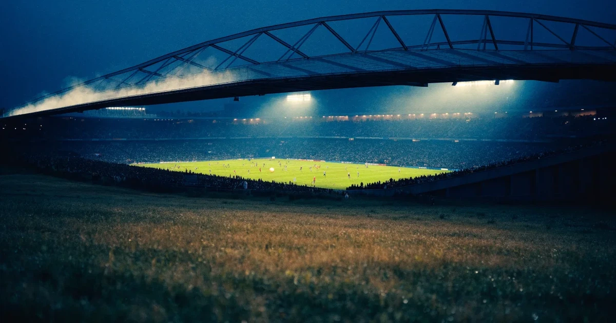Ein Stadion unter Flutlicht, aus großer Entfernung über eine dunkle Wiese fotografiert, am Himmel zieht Nebel auf.