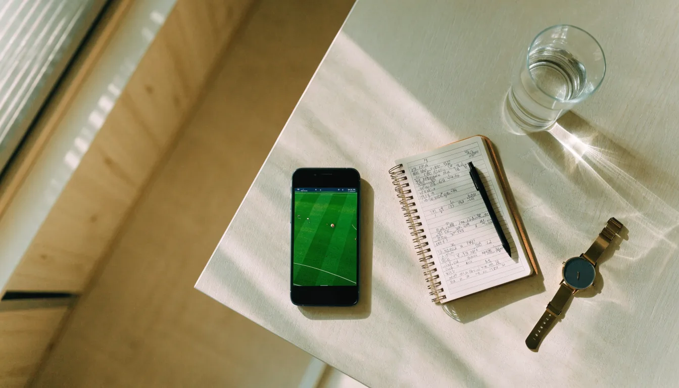 Ein Smartphone liegt mit dem Display nach unten auf einem Küchentisch, daneben stehen ein Glas Wasser und eine Armbanduhr.