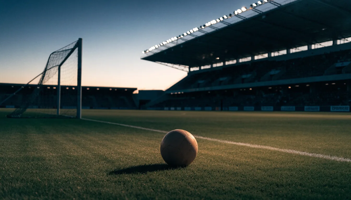 Ein Fußball liegt auf dem Rasen eines leeren Platzes, im Hintergrund ein Stadion unter Flutlicht in der Abenddämmerung.
