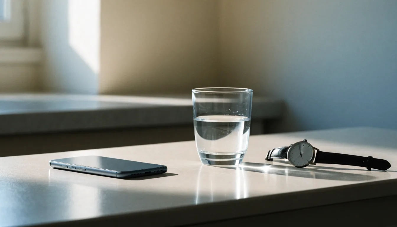 Ein Smartphone liegt mit dem Display nach unten auf einem Küchentisch, daneben stehen ein Glas Wasser und eine Armbanduhr.