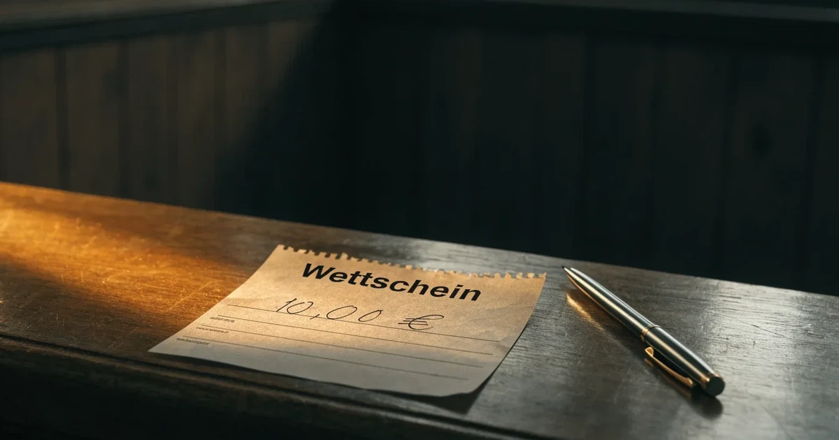 Ein leerer Wettschein aus Papier liegt neben einem Stift auf einer hölzernen Theke, weiches Licht fällt von der Seite ein.