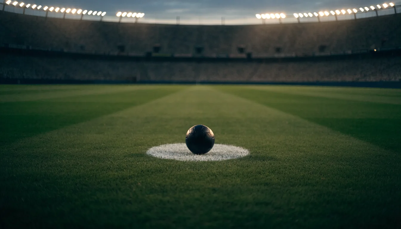 Ein Fußball liegt auf dem Anstoßpunkt eines leeren Rasenplatzes, im Hintergrund steht ein Stadion unter Flutlicht in der Dämmerung.