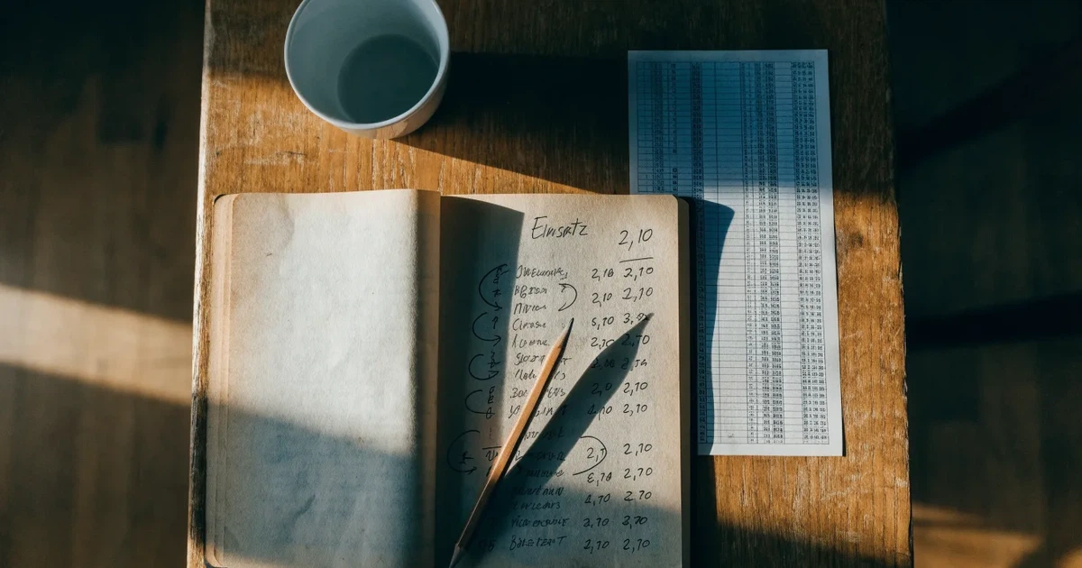 Ein Notizbuch mit handschriftlichen Notizen und Pfeilen liegt aufgeschlagen auf einem Schreibtisch, daneben ein Bleistift und eine Tasse Tee.