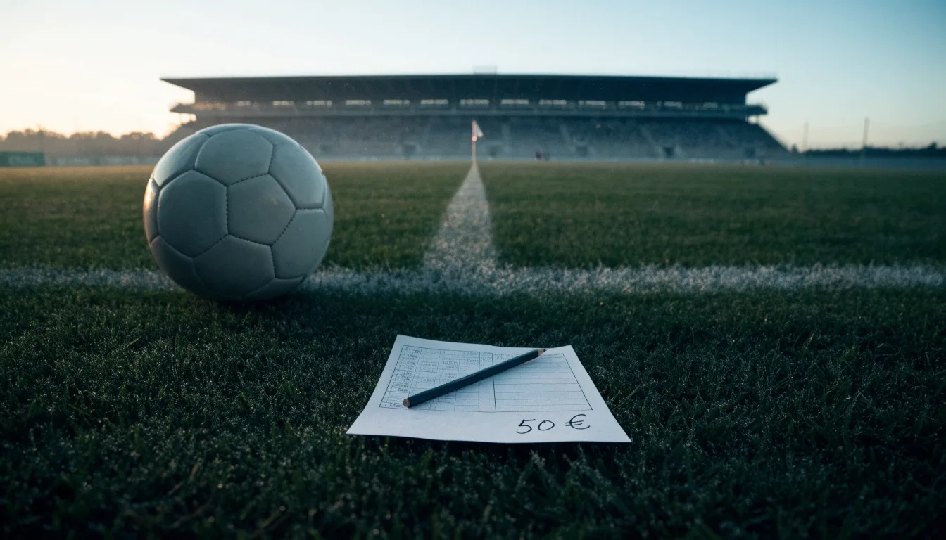 Ein Fußball liegt auf dem Anstoßpunkt eines leeren Rasenplatzes in der Morgendämmerung, im Hintergrund eine leere Tribüne.