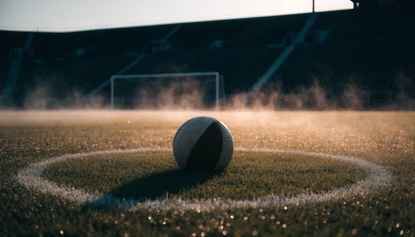 Ein Fußball ruht auf dem Mittelkreis eines leeren Rasenplatzes in der Morgendämmerung, Tau liegt auf dem Gras.