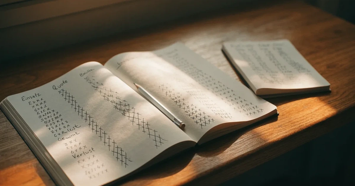 Ein Notizbuch mit handschriftlichen Spalten und Strichlisten liegt neben einem Taschenrechner und einem Bleistift auf einem Schreibtisch.