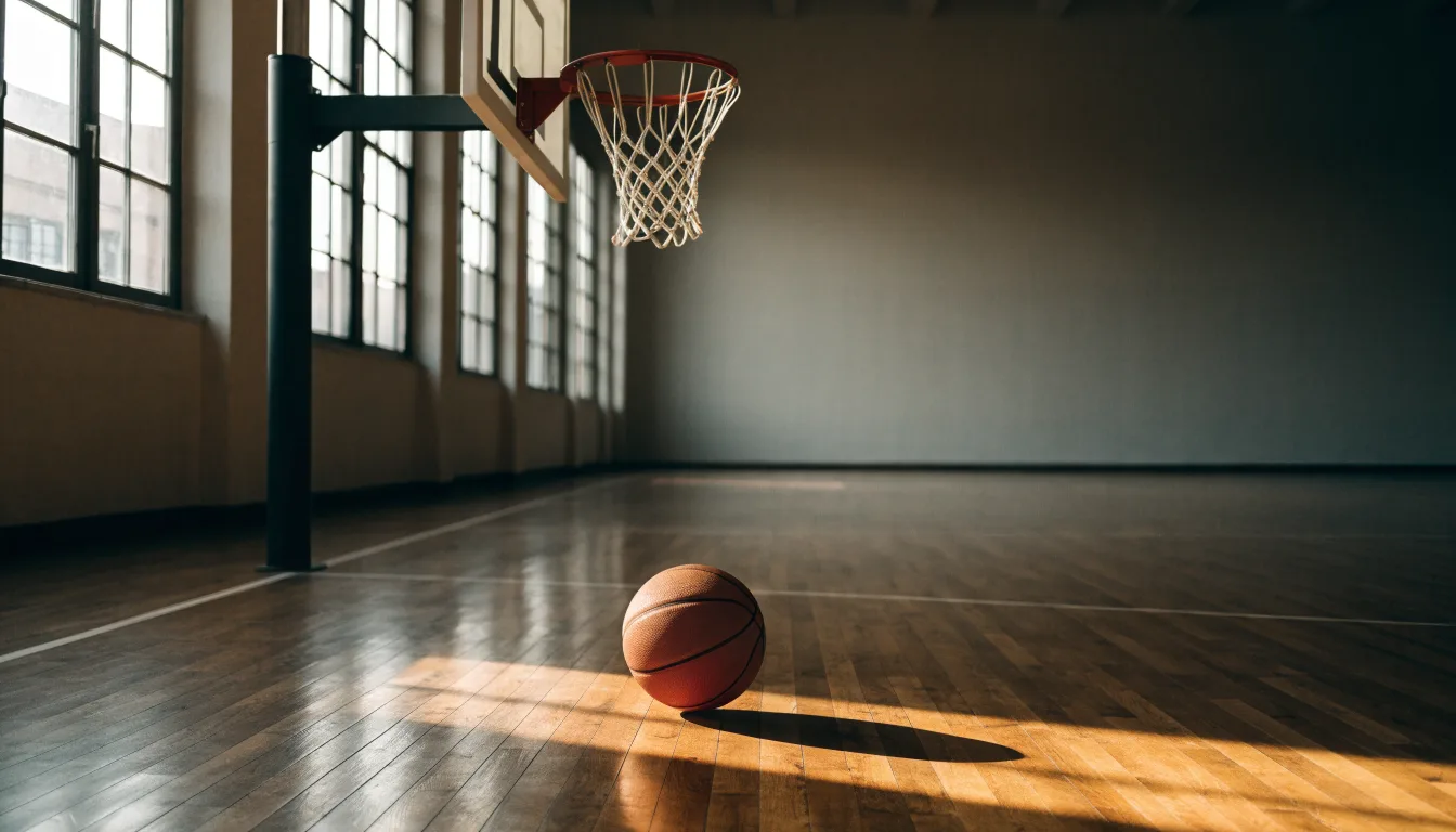 Ein Basketball liegt auf dem Hallenboden unter einem Korb, das Netz hängt ruhig, Morgenlicht fällt durch hohe Fenster.