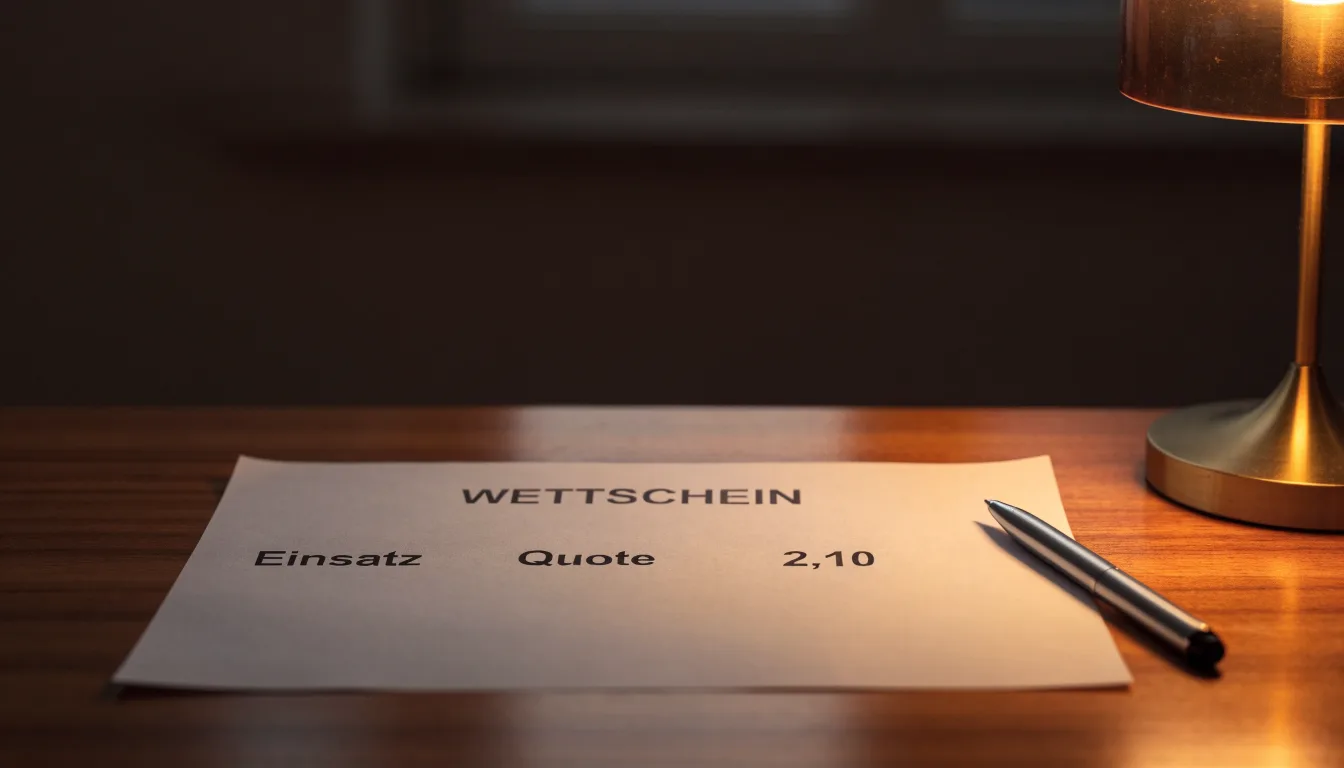 Ein leerer Wettschein aus Papier und ein Kugelschreiber liegen auf einer Tischplatte neben einer kleinen Tischlampe.