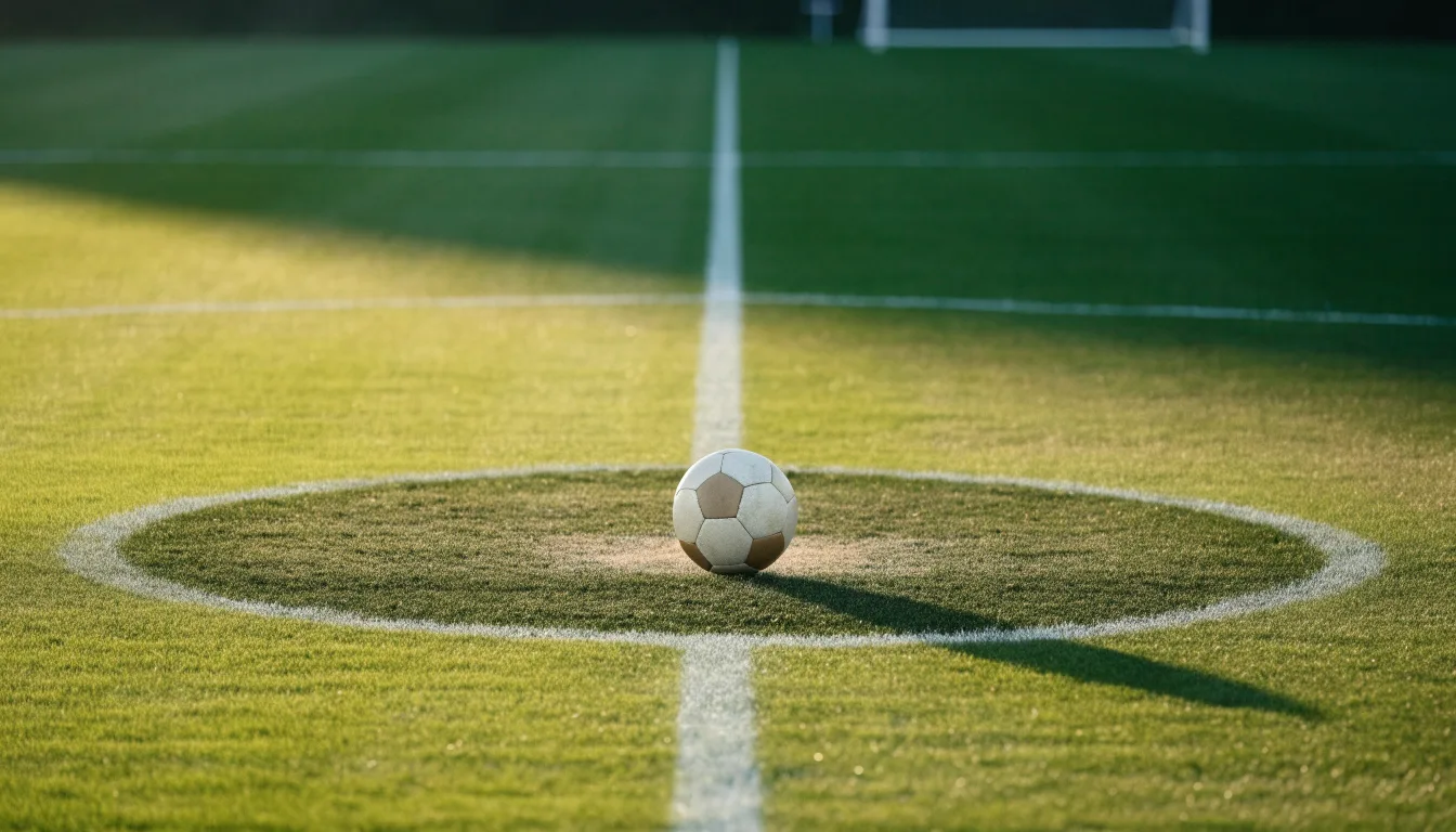 Ein Fußball liegt auf dem Anstoßkreis eines leeren Rasenplatzes im Licht der Morgensonne.