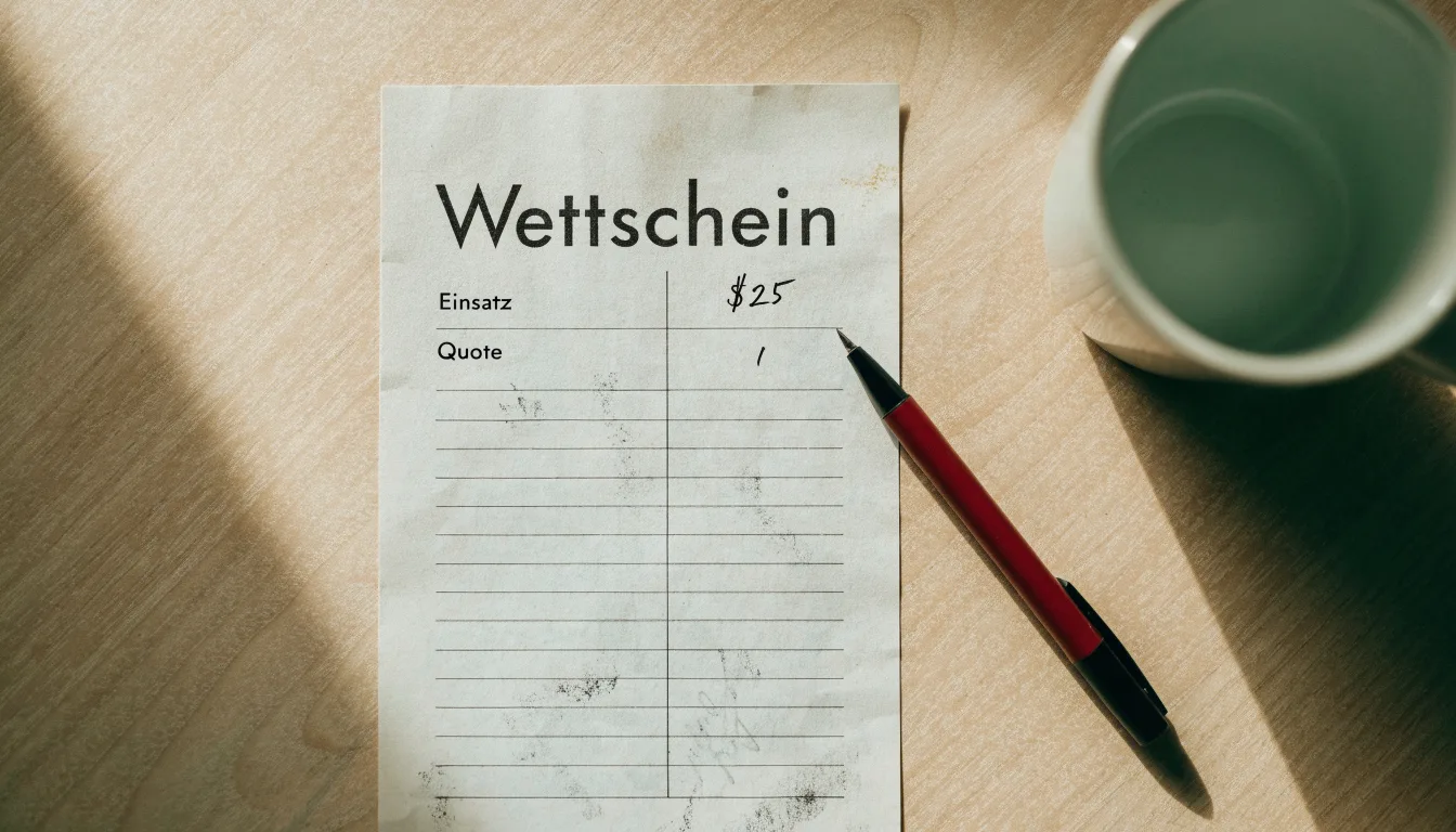 Ein leerer Wettschein aus Papier liegt neben einem Kugelschreiber und einer Tasse auf einem hellen Holztisch.