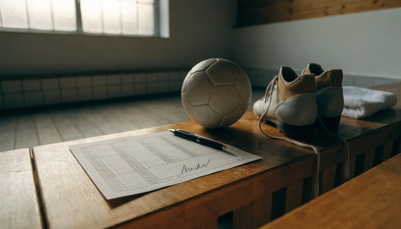Ein Fußball liegt neben einem Paar Fußballschuhen ohne Markenzeichen auf einer Holzbank in einer leeren Umkleide.