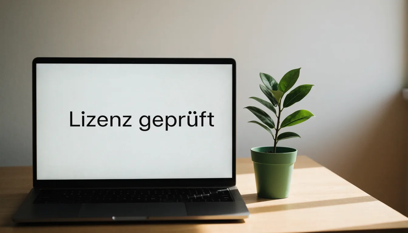 Eine Messingwaage steht auf einem hellen Schreibtisch neben einer Pflanze, Tageslicht fällt durch ein Fenster.
