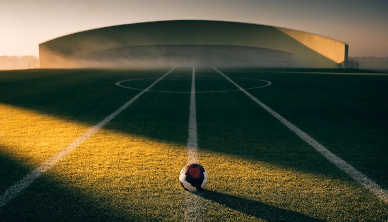 Ein Fußball liegt auf dem Anstoßpunkt eines leeren Rasenplatzes in der Morgendämmerung, im Hintergrund eine leere Tribüne.