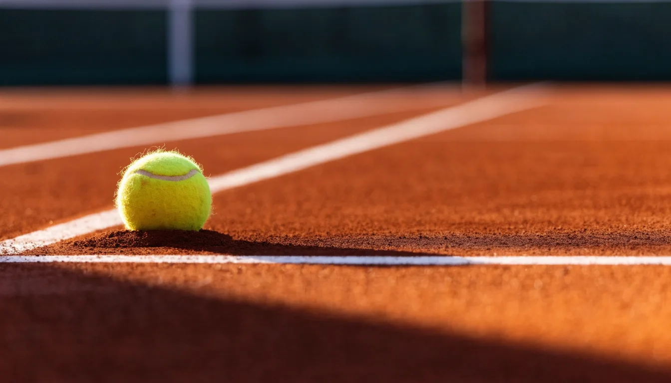 Ein einzelner Tennisball liegt auf rotem Sand neben einer weißen Linie, geringe Schärfentiefe.