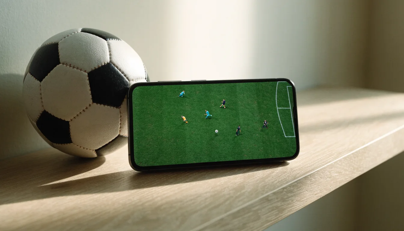 Eine Weltkarte aus Holz hängt an einer Wand, davor liegt ein Fußball auf einem Regal, ohne erkennbare Beschriftung.