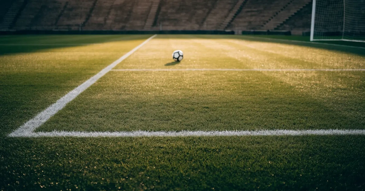 Ein Fußballplatz mit frisch gemähtem Rasen im Abendlicht, ein Ball liegt im Strafraum, im Hintergrund unscharf eine leere Tribüne.