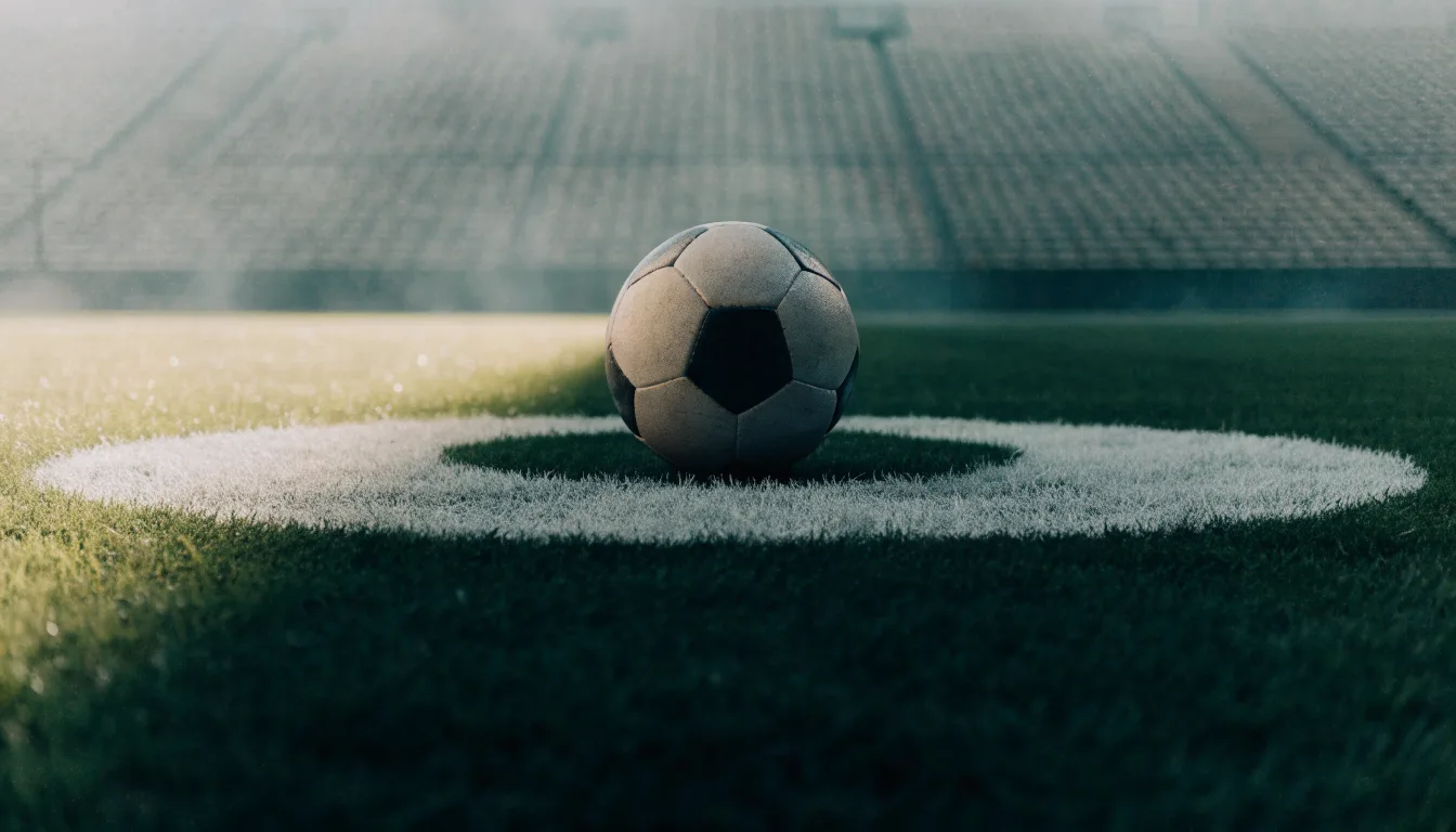 Ein Fußball liegt auf dem Anstoßpunkt eines leeren Rasenplatzes im frühen Morgenlicht, dahinter eine leere Tribüne.