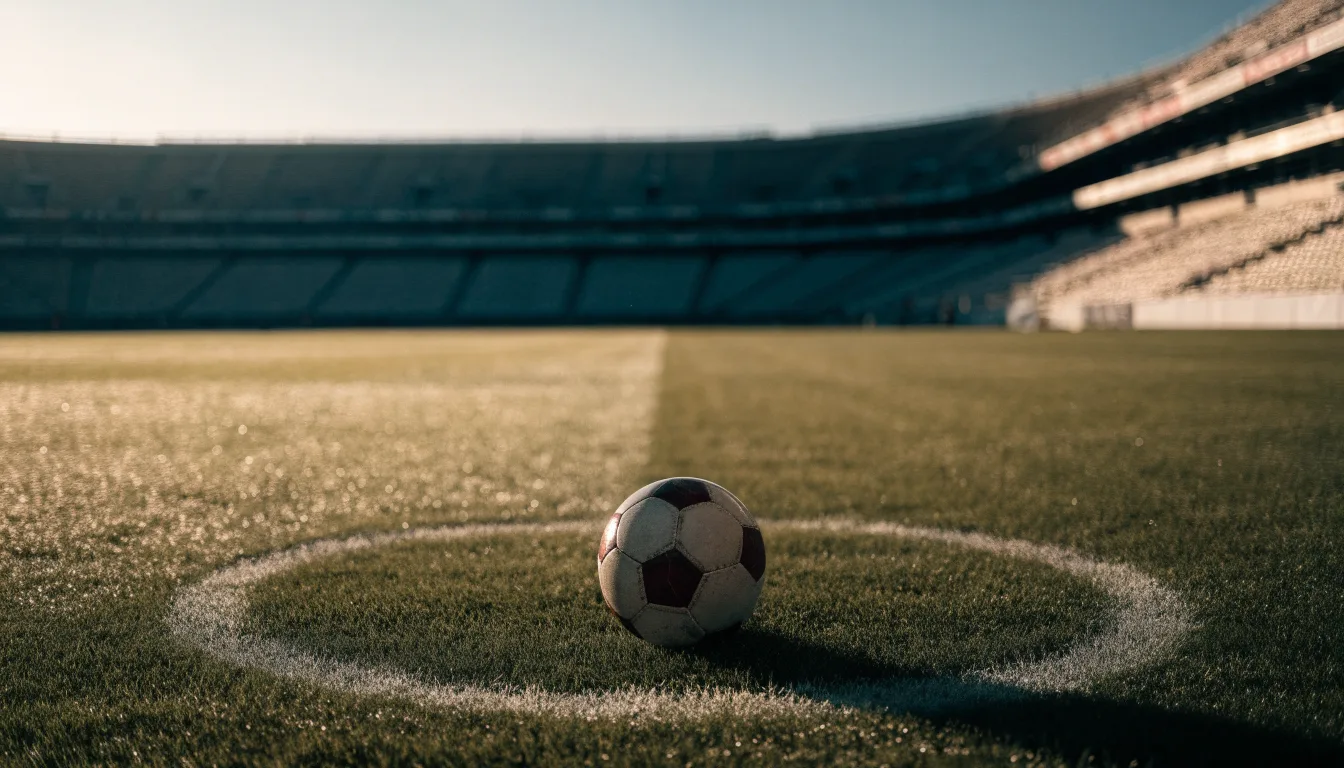Ein Fußball liegt auf dem Anstoßpunkt eines leeren Rasenplatzes im frühen Morgenlicht, dahinter eine leere Tribüne.