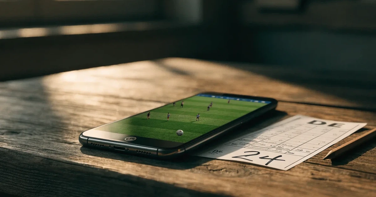 Ein Fußballtor mit Netz auf einem leeren Platz im Abendlicht, der Rasen frisch gemäht, im Hintergrund Zypressen.