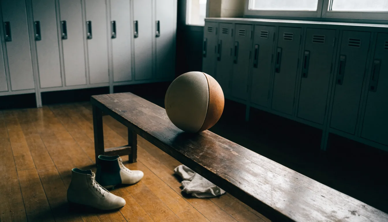 Ein Fußball liegt auf einer Holzbank in einer leeren Umkleide neben einem Paar Fußballschuhen ohne Markenzeichen.