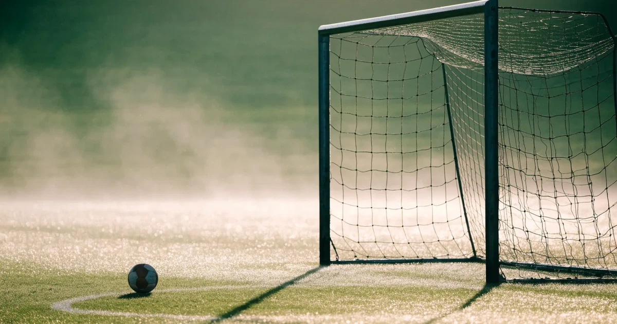 Ein Fußballtor mit Netz steht auf einem leeren Platz im Nebel der Morgendämmerung, der Rasen ist taufeucht.