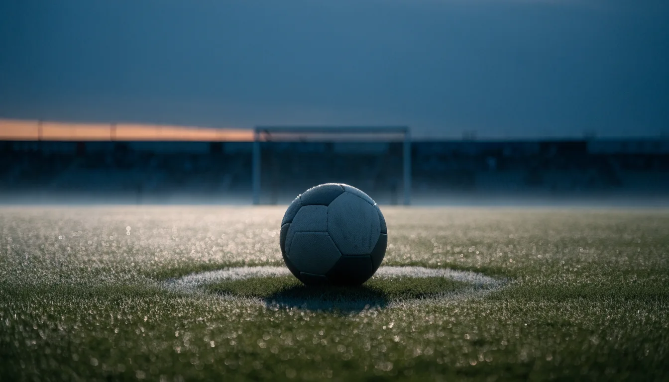 Ein Fußball ruht auf dem Mittelkreis eines leeren Rasenplatzes in der Morgendämmerung, Tau liegt auf dem Gras.
