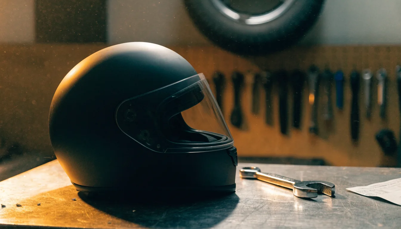 Ein schwarzer Motorradhelm ohne Aufdruck liegt auf einer Werkbank neben einem Schraubenschlüssel, warmes Licht einer Werkstatt.