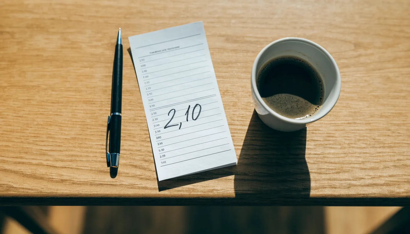 Ein leerer Wettschein aus Papier liegt neben einem Kugelschreiber und einer Tasse Kaffee auf einem Holztisch, Aufnahme von oben.