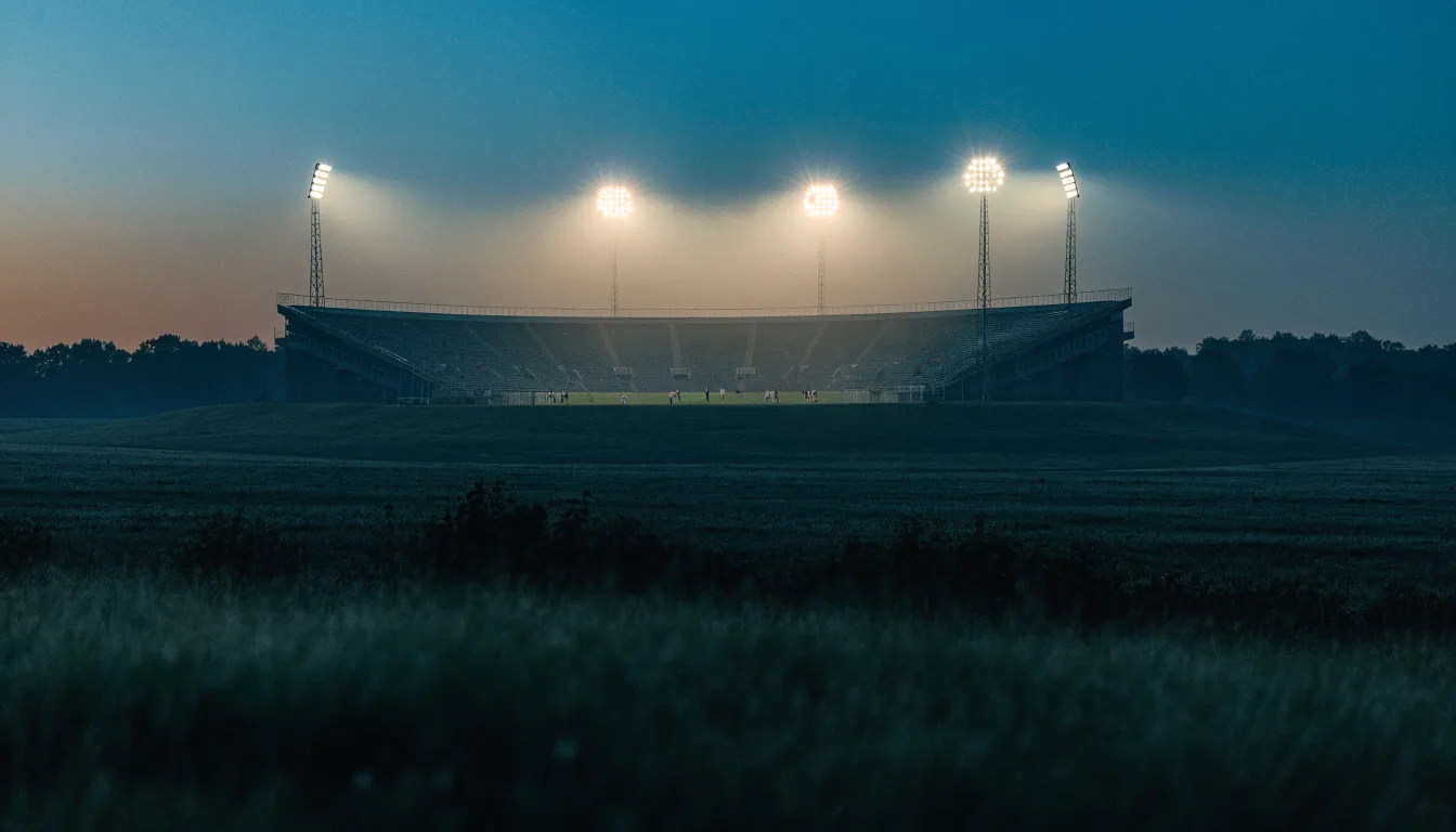 Ein großes Stadion unter Flutlicht, aus der Ferne über eine dunkle Wiese gesehen, die Lichtmasten spiegeln sich im Dunst der Abenddämmerung.