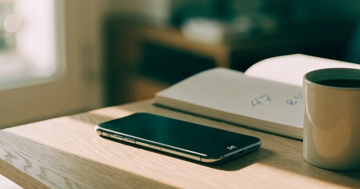 Ein Smartphone mit dunklem Display liegt neben einem Notizbuch mit handschriftlichen Notizen auf einem hellen Holztisch, daneben eine Tasse Kaffee im Morgenlicht.