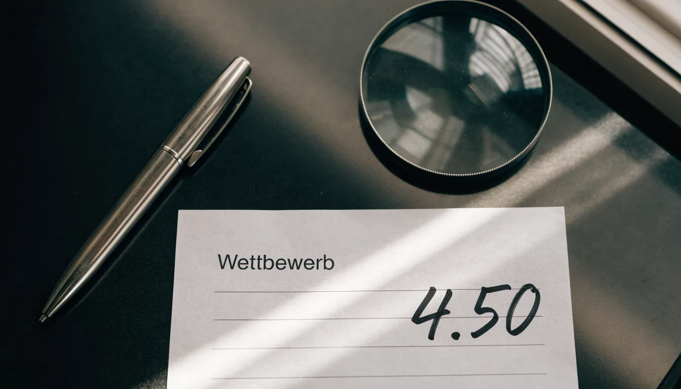 Ein leerer Papierwettschein und ein Kugelschreiber liegen auf einem aufgeräumten Schreibtisch neben einer Lupe, weiches Licht von einem Fenster.